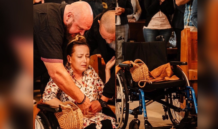 A mulher foi curada e deixou cadeira de rodas. (Foto: Instagram/Robby Dawkins)