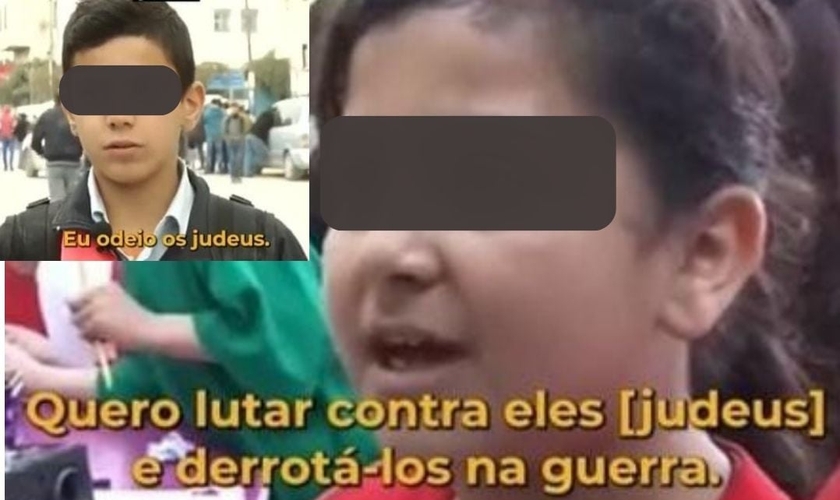 Crianças palestinas falam sobre o ódio aos judeus. (Captura de tela/Montagem: Vídeo Instagram fe.trabalho)