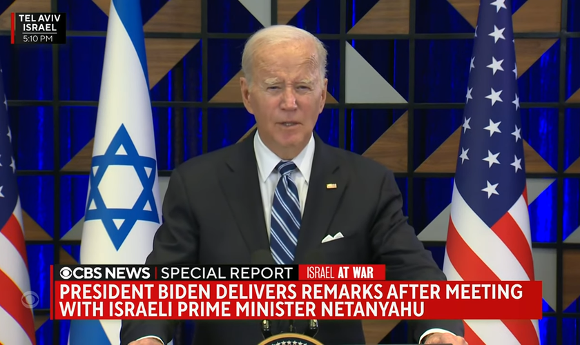 Joe Biden durante seu discurso em Tel Aviv. (Captura de tela/YouTube/CBS News)