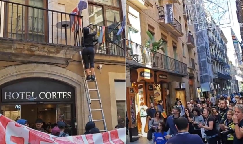 Manifestantes pró-palestina em Barcelona. (Foto: Reprodução/Instagram/Hojenomundomilitar).