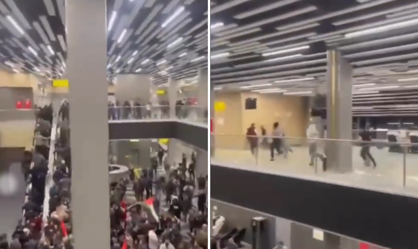 Imagens mostraram uma multidão invadindo o terminal do aeroporto após saber da chegada do voo. (Captura de tela/Jewish Breaking News)