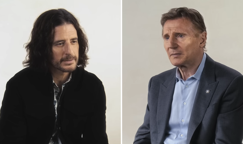 Os atores Jonathan Roumie e Liam Neeson. (Captura de tela/YouTube/Hallow)