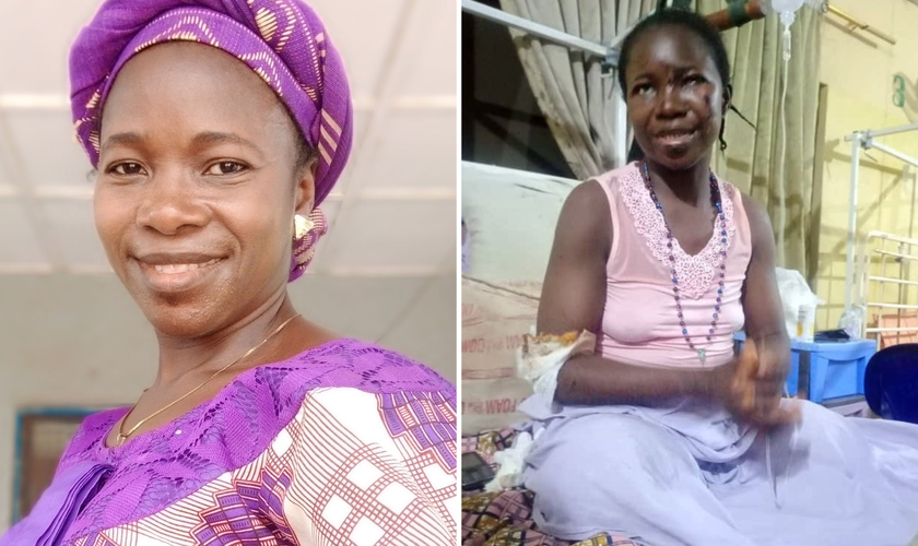 Margaret Attah, antes e depois do atentado terrorista em igreja da Nigéria. (Foto: Acnuk)