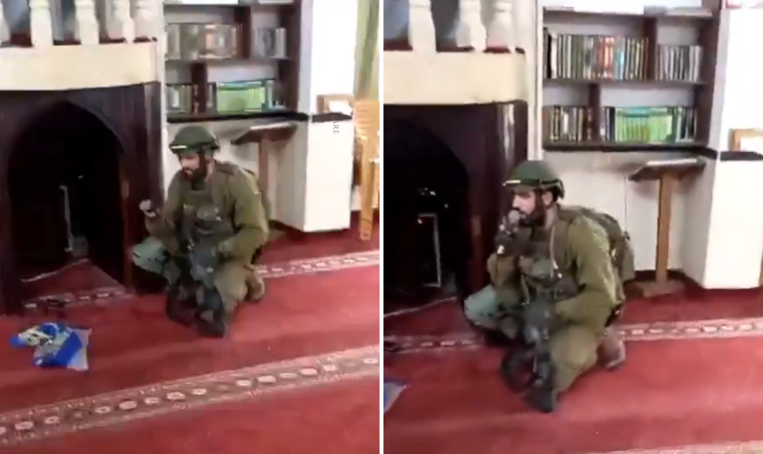 Soldado recita a oração “Shema Yisrael” dentro de mesquita. (Captura de tela/X/Kann News)
