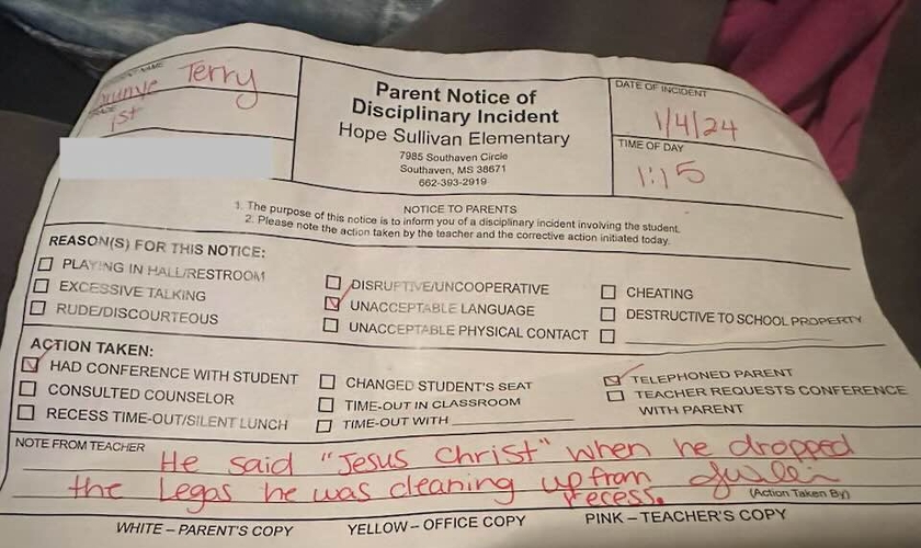 Parte do relatório da Escola Primária Hope Sullivan, intitulado “Aviso aos Pais sobre Incidente Disciplinar”. (Foto: Facebook/Shonna Coleman)