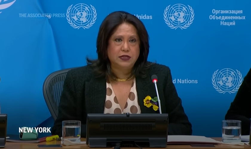 Pramila Patten, observadora da ONU, em coletiva sobre o relatório. (Captura de tela/YouTube/AP)
