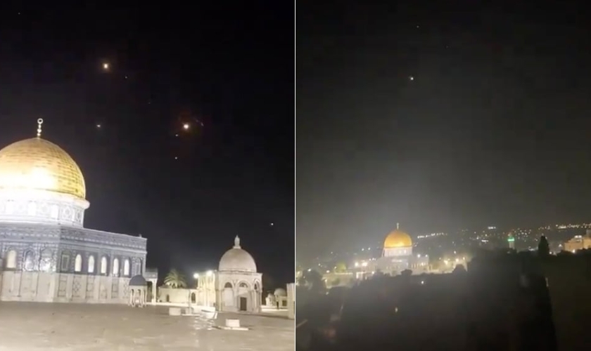 Mísseis iranianos sendo interceptados sobre o Monte do Templo. (Captura de tela: Twitter/Tamar Schwarzbard)