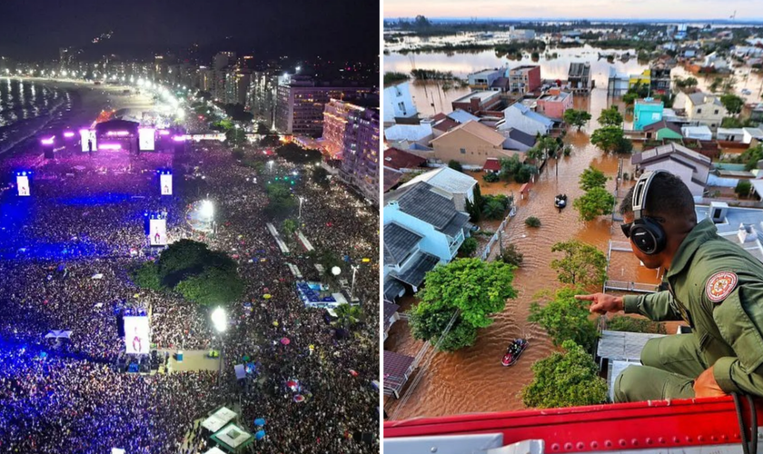 Imagens de Copacabana em show da Madonna [à esq.]; Imagens da enchente no RS [à dir.]. (Fotos: Fabio Motta/Prefeitura do Rio / Lauro Alves/Instagram/governo_rs). 