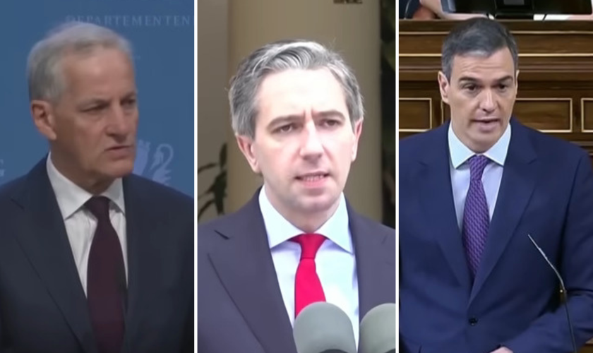 Jonas Gahr Store, primeiro-ministro da Noruega; Simon Harris, primeiro-ministro da Irlanda; Pedro Sánchez, primeiro-ministro da Espanaha. (Captura de tela/YouTube/Guardian)