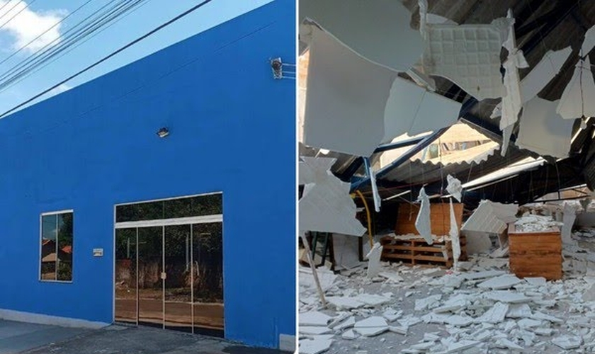 O telhado da igreja em Guaraí, Tocantins, desabou. (Foto: Reprodução/G1).