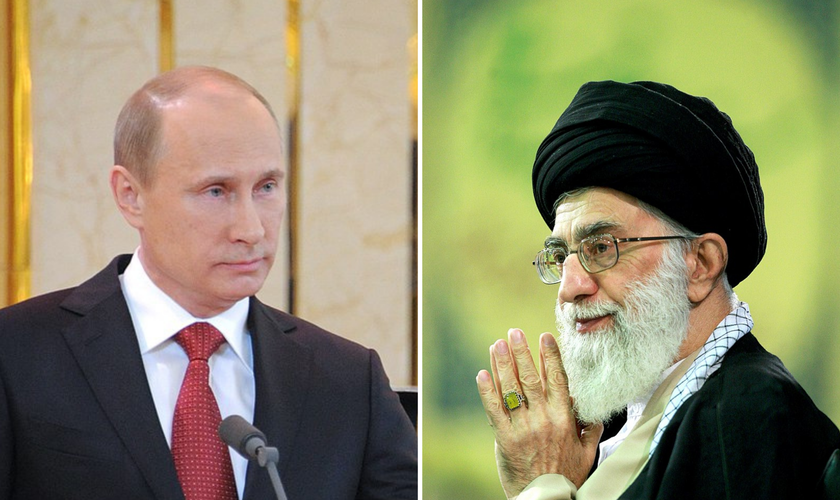 Vladimir Putin, o presidente da Rússia; Ali Khamenei, o Líder Supremo do Irã. (Fotos: Wikipedia)