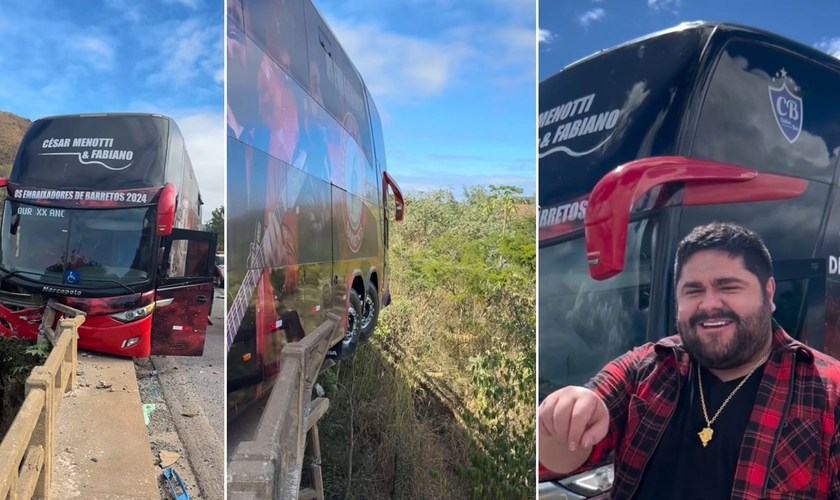 O ônibus após o acidente. (Foto: Reprodução/Instagram/César Menotti)