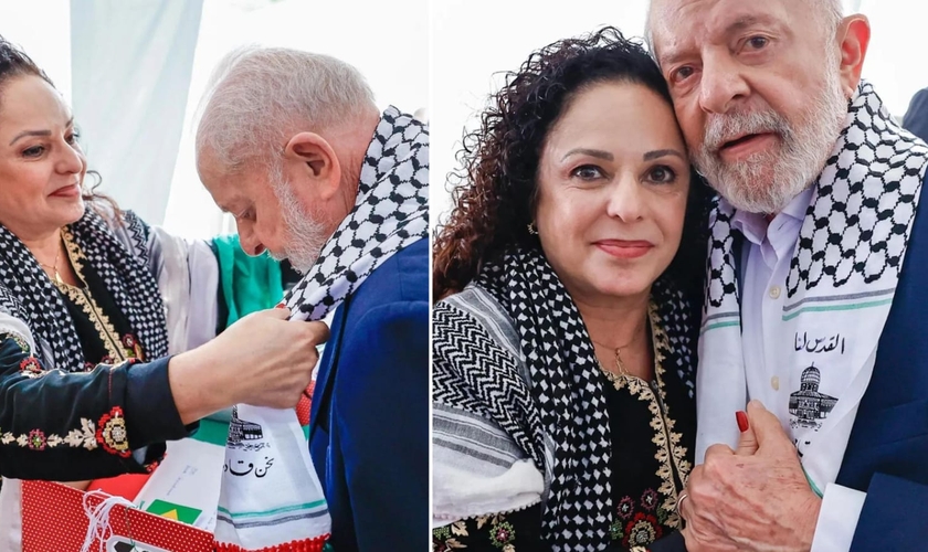 Lula e uma representante do Comitê Catarinense de Solidariedade ao Povo Palestino. (Foto: Instagram/comitepalestinasc).