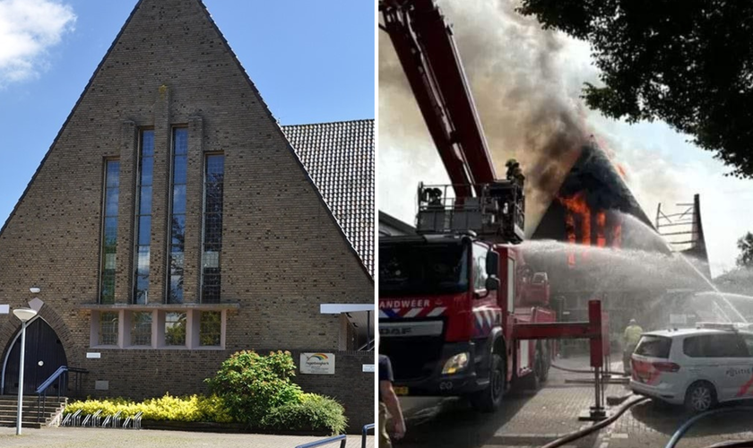 Igreja Regenboogkerk antes e durante incêndio. (Foto: Facebook/ Regenboogkerk)