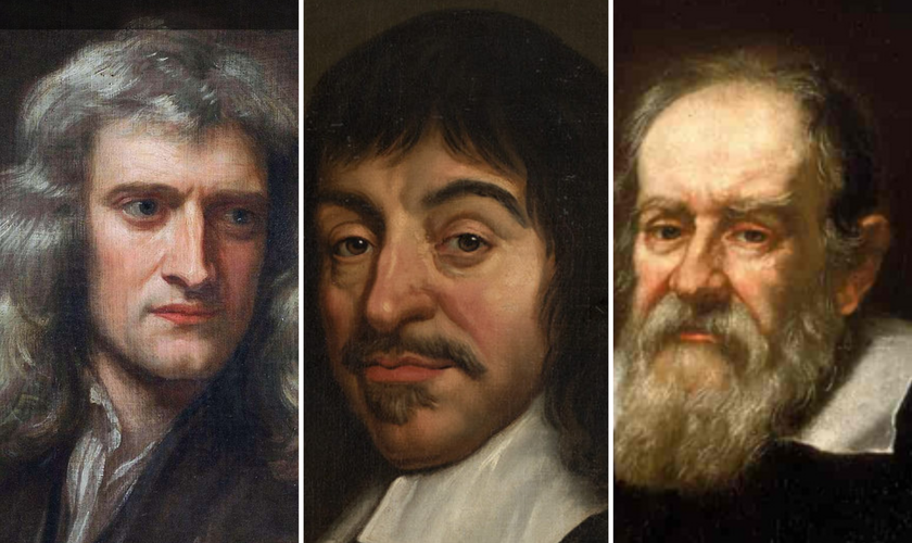 Isaac Newton, René Descartes e Galileu Galilei. (Foto: Domínio público/Wikimedia/SNL)