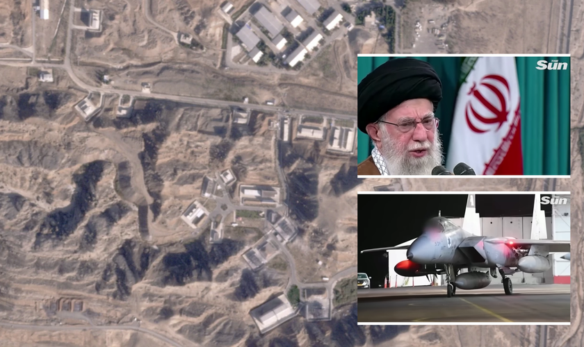 Imagens de satélite de alvos de Israel no Irã; no destaque: aiatolá Ali Khamenei, caças israelenses. (Captura de tela/YouTube/The Sun)