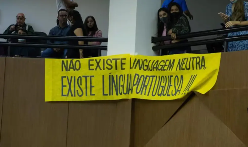 Manifestantes protestam contra a linguagem neutra na Câmara dos Vereadores de Belo Horizonte. (Foto: Divulgação/Câmara dos Vereadores de Belo Horizonte).