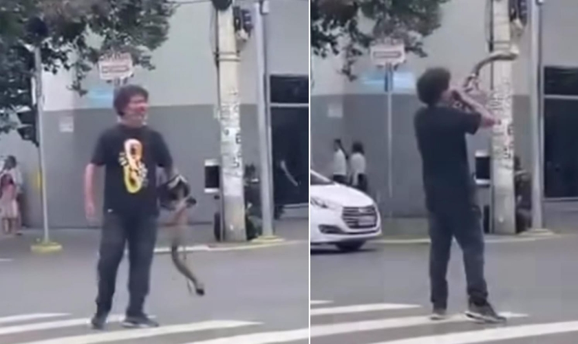 O homem tocou um shofar no centro de Governador Valadares. (Foto: Reprodução/Instagram/Valadares Redação).