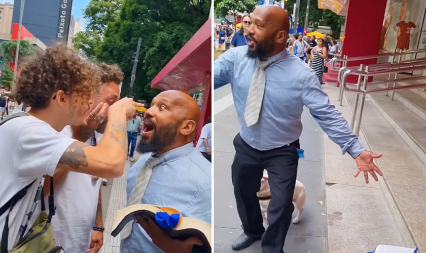 Pregador é hostilizado na Avenida Paulista e tem Bíblia jogada no chão. (Captura de tela/Instagram/irpretth)