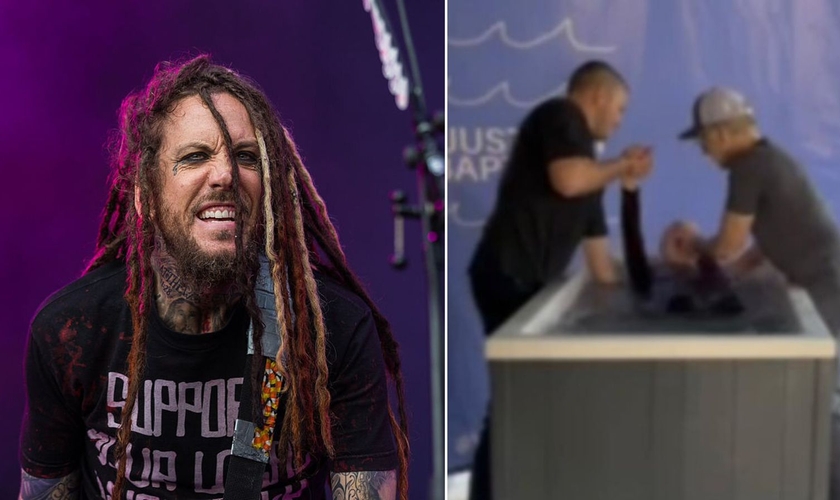 Brian Welch e o batismo da mãe. (Foto: Reprodução/Wikimedia Commons/Sven Mandel/Instagram/Brian Welch)