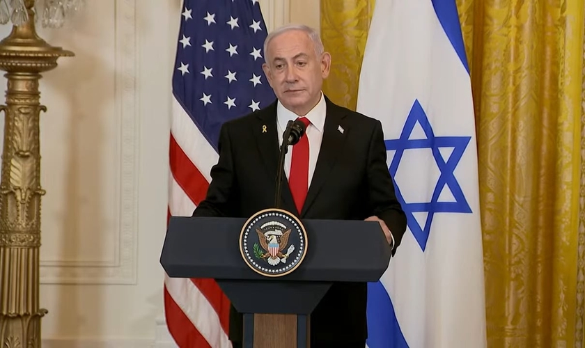 Benjamin Netanyahu, durante coletiva de imprensa na Casa Branca (Captura de tela/YouTube/Washington Post).