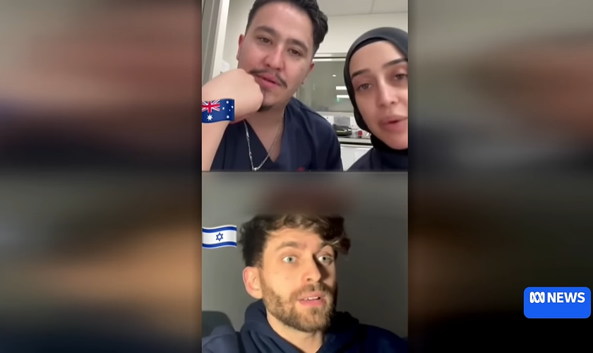 Ahmad Rashad Nadir e Sarah Abu Lebdeh [imagem superior] e o israelense Max Veifer, em vídeo onde os enfermeiros ameaçam pacientes judeus. (Captura de tela/YouTube/ABC News In-depth)