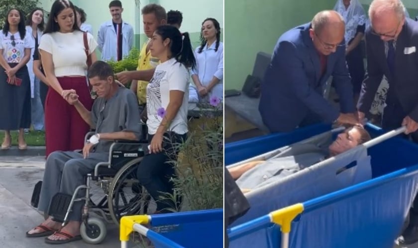 Leocir Tonetta foi batizado em uma piscina no pátio do hospital. (Foto: Reprodução/Instagram/Hospital Universitário Júlio Müller).