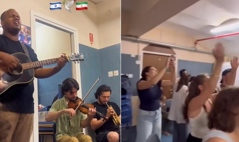 Cristãos louvam em abrigo antibombas em Tel Aviv. (Foto: Instagram/Emanuel Roro)