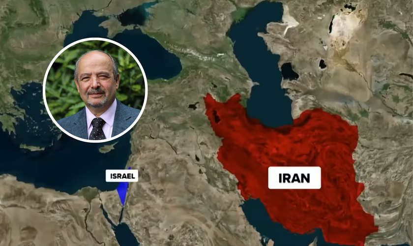 O pastor Lazarus Yeghnaza, no destaque; mapa regional do Oriente Médio: Israel e Irã. (Captura de tela/YouTube/Erick Stakelbeck on TBN)