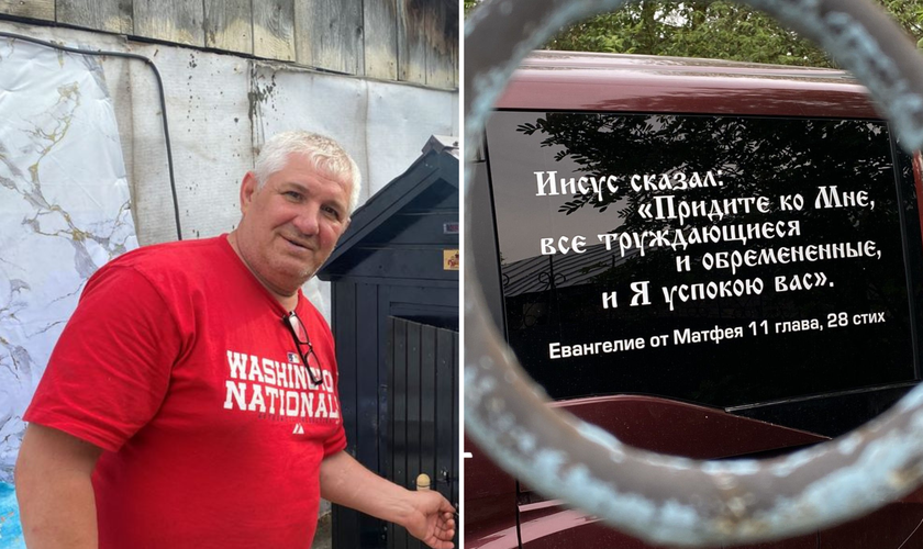 Vladimir e seu carro, coberto por versículos bíblicos, usados para evangelizar pelas ruas da Rússia. (Foto: William Immink)