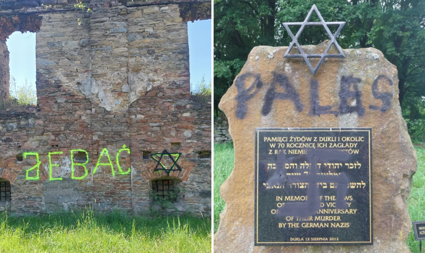 A palavra “PALESTINA” e a Estrela de Davi foram pichadas com tinta preta no memorial. (Fotos: Facebook/Jacek Koszczan)