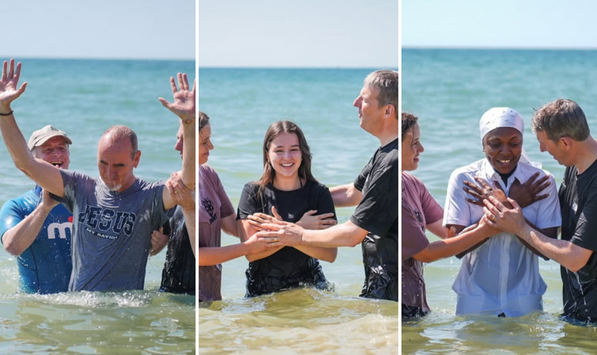 Batismo coletivo aconteceu na Praia de Bournemouth, na Inglaterra. (Foto: lansdownechurch)