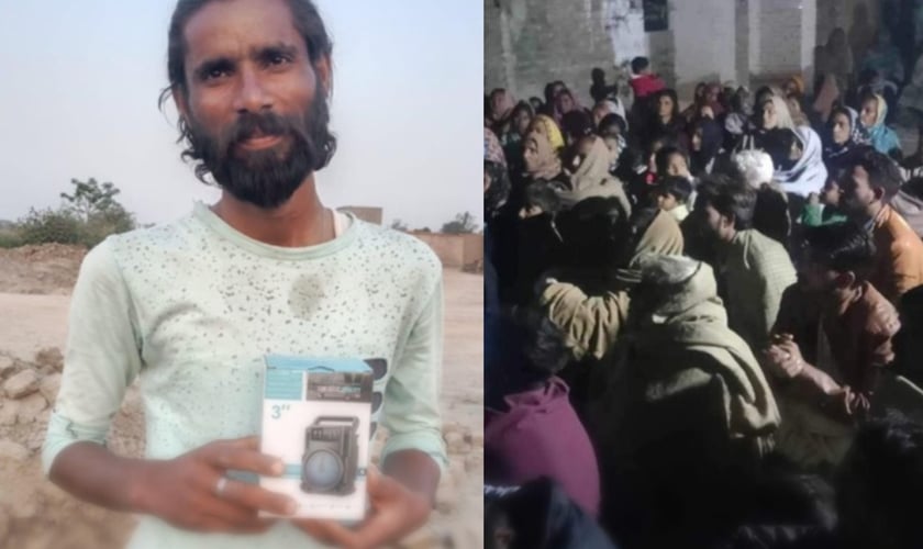 Homem com uma Bíblia em áudio e grupo ouvindo a Bíblia em áudio no Paquistão. (Foto: God Reports).