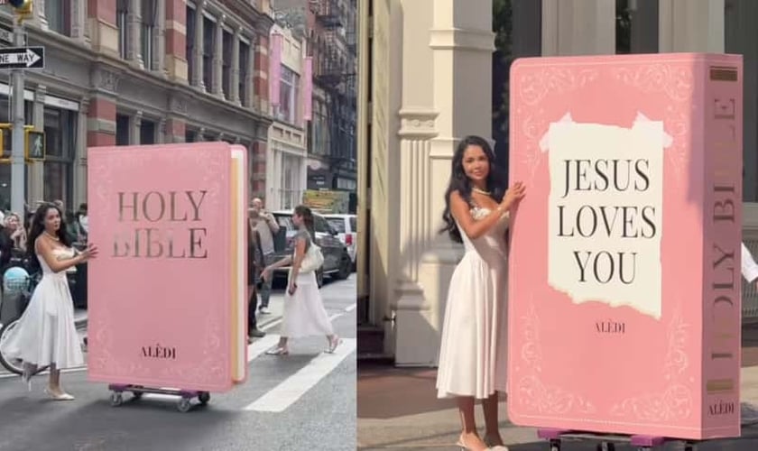Maria Alejandra Diaz exibiu uma Bíblia rosa gigante pelas ruas de Nova York. (Foto: Reprodução/Instagram/Maria Alejandra Diaz).
