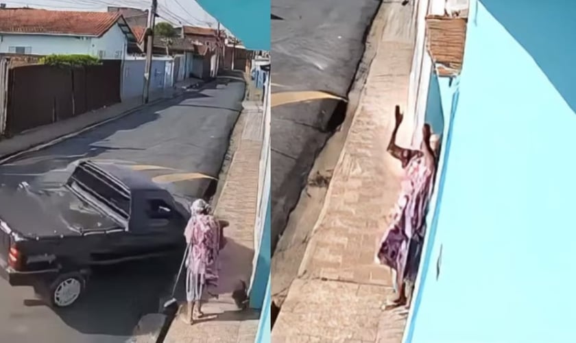 A idosa varria a calçada de casa quando uma caminhonete desgovernada quase a atingiu. (Foto: Reprodução/G1).