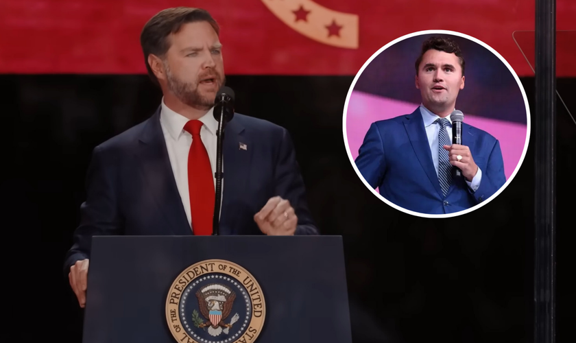 O vice-presidente dos EUA, J.D. Vance, discursa no memorial de Charlie Kirk; no detalhe, imagem de Kirk. (Captura de tela/YouTube/The White House/Wikipedia)