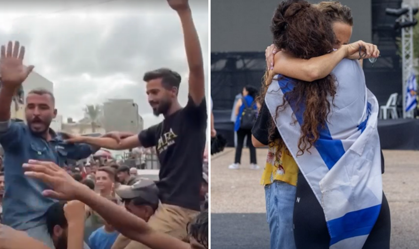 Palestinos [à esquerda] e israelenses [à direita] celebram acordo de paz nas ruas. (Captura de imagem/NBC/StandWithUs Brasil)