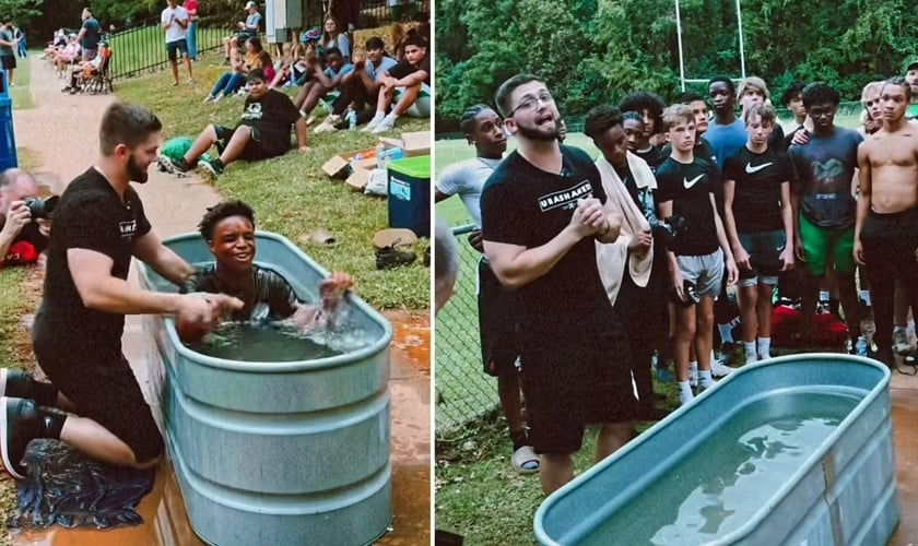 O pastor Mark batizando os atletas. (Foto: Reprodução/Instagram/Mark Page)