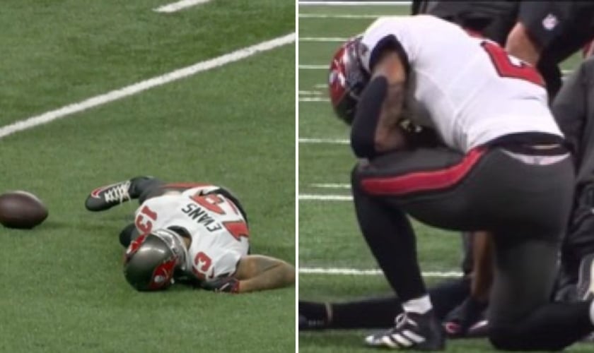 Emeka orando por Mike. (Foto: Reprodução/X/Rate the Refs/Instagram/Christian Athletes)