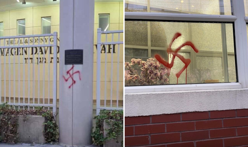Pichação de símbolos nazistas na Magen David Yeshiva, no Brooklin. (Imagem: Twitter/Kalman Yeger/Deputada Nicole Malliotakis)