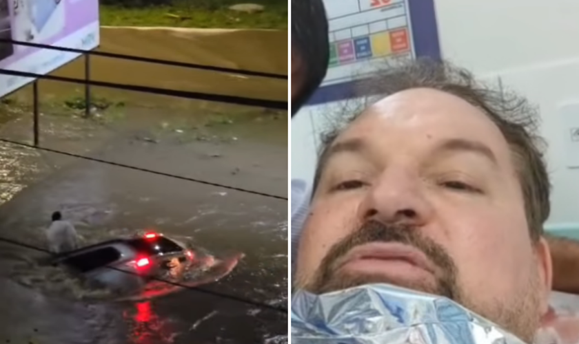 Gerald Saraiva foi arrastado pela enxurrada e resgatado com vida em Vitória da Conquista. (Imagens: Facebook/Nilo Freitas)