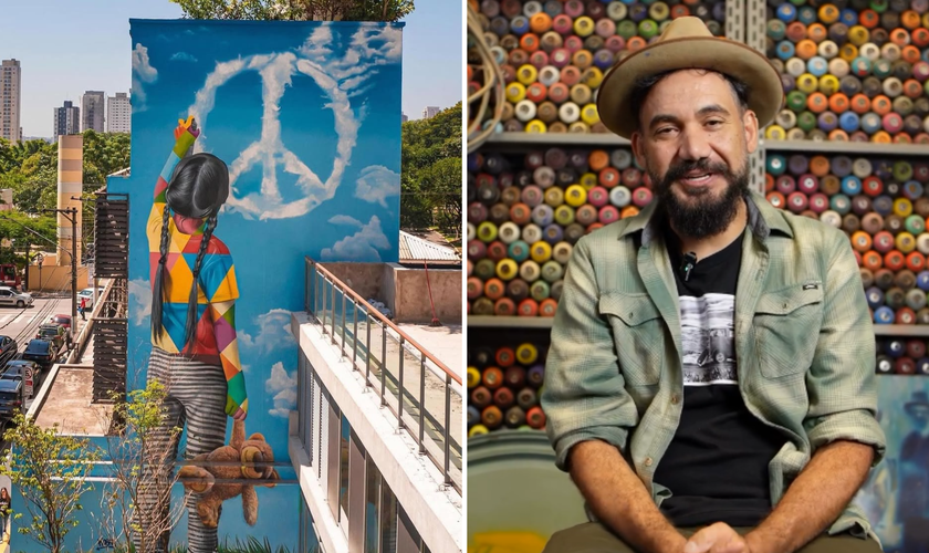 Mural pintado por Kobra e o artista contando seu testemunho. (Captura de tela/Instagram/kobrastreetart)