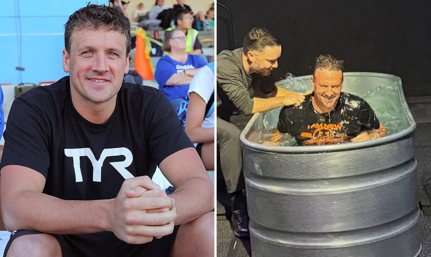 Ryan Lochte durante a carreira como nadador e no momento em que foi batizado, após rededicar sua vida a Jesus. (Fotos: Wikipedia)
