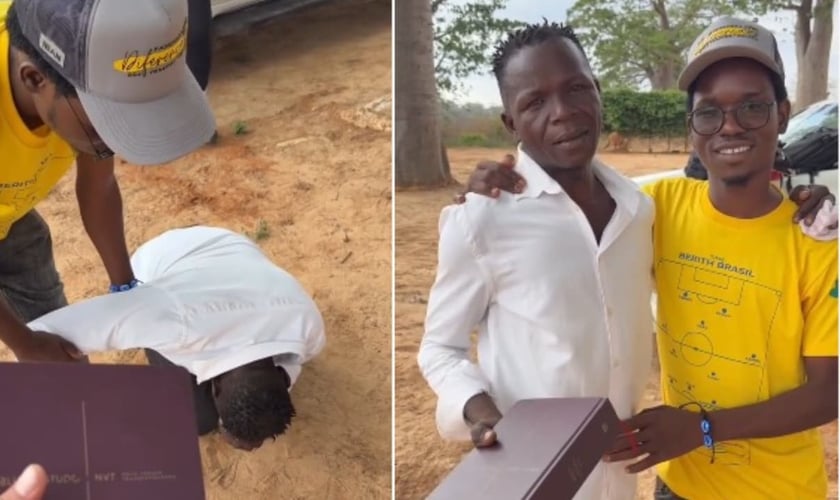 O homem chorou muito ao ser presenteado com uma Bíblia de Estudo. (Foto: Reprodução/Instagram/Diogo Scremin).