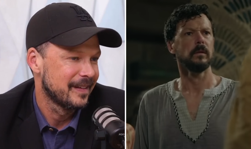 Guilherme Berenguer durante entrevista; o ator interpretando Jó. (Captura de tela/YouTube/Record TV)