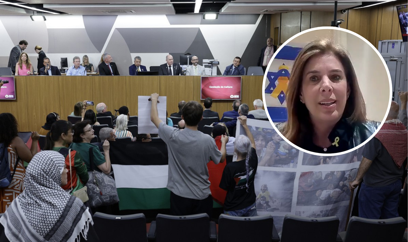 Ato de protesto na Assembleia de MG; no detalhe, Marcia Kelner Polisuk, liderança judaica da Hillel Internacional. (Foto: Guilherme Bergamini/ALMG / CONIB)