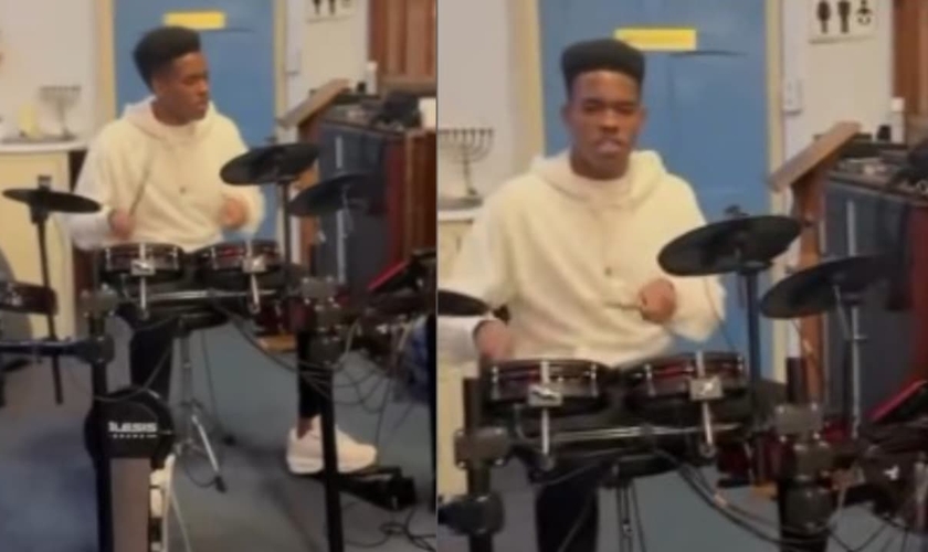 Estevão tocou bateria no culto em Londres. (Foto: Reprodução/Instagram/Ballers In God).