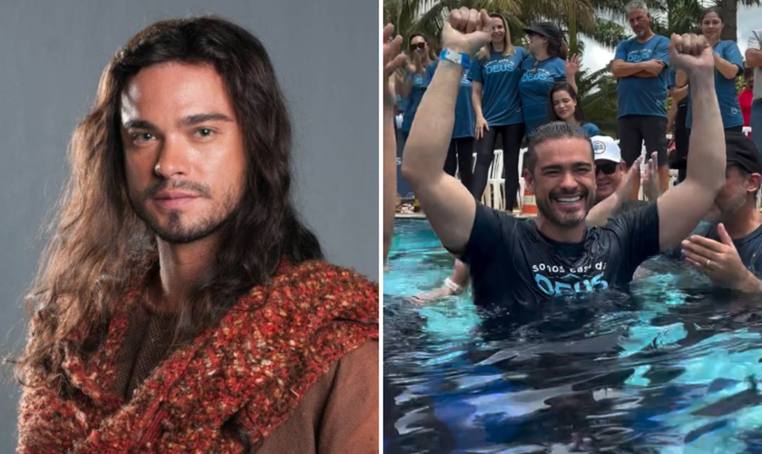 Sidney Sampaio interpretando Josué em Os Dez Mandamentos, na Record TV; e durante seu batismo nas águas. (Foto: Michel Angelo/Rede Record / Instagram @sidneysampaiooficial)