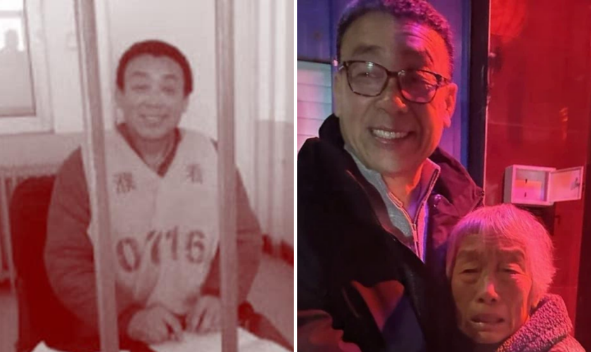 O pastor Zhang Shaojie cumprindo sua sentença de 12 anos de prisão na China; e após a libertação. (Fotos: China Aid/ Release International)