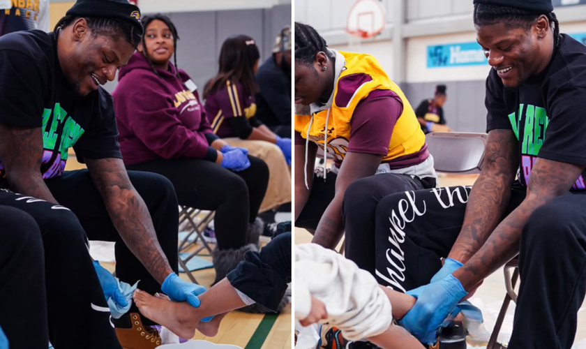 Lamar Jackson lava os pés de uma das alunas da Escola Primária Severn. (Montagem: captura de tela/Instagram/ravens)